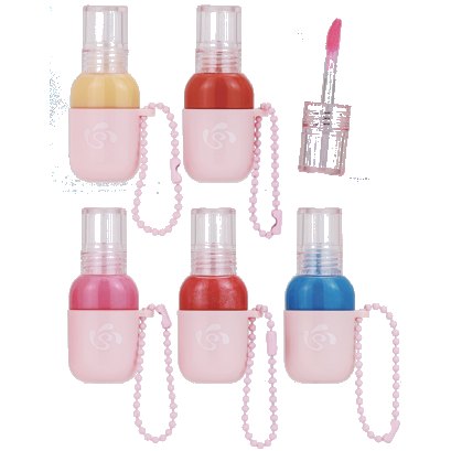 Chain-link lip gloss bottles in pink, red, blue and yellow